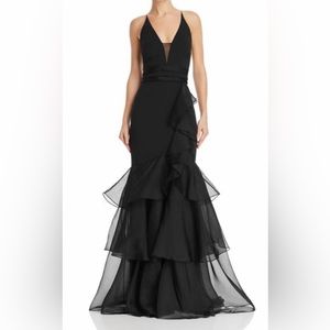 NWT Aidan Mattox Tiered-Ruffle Crepe Black Gown Size 0